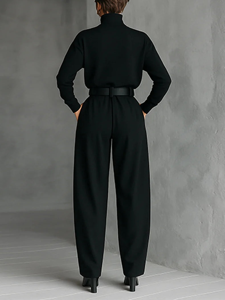Black long-sleeve sweater with high collar and straight pants - 2-piece set