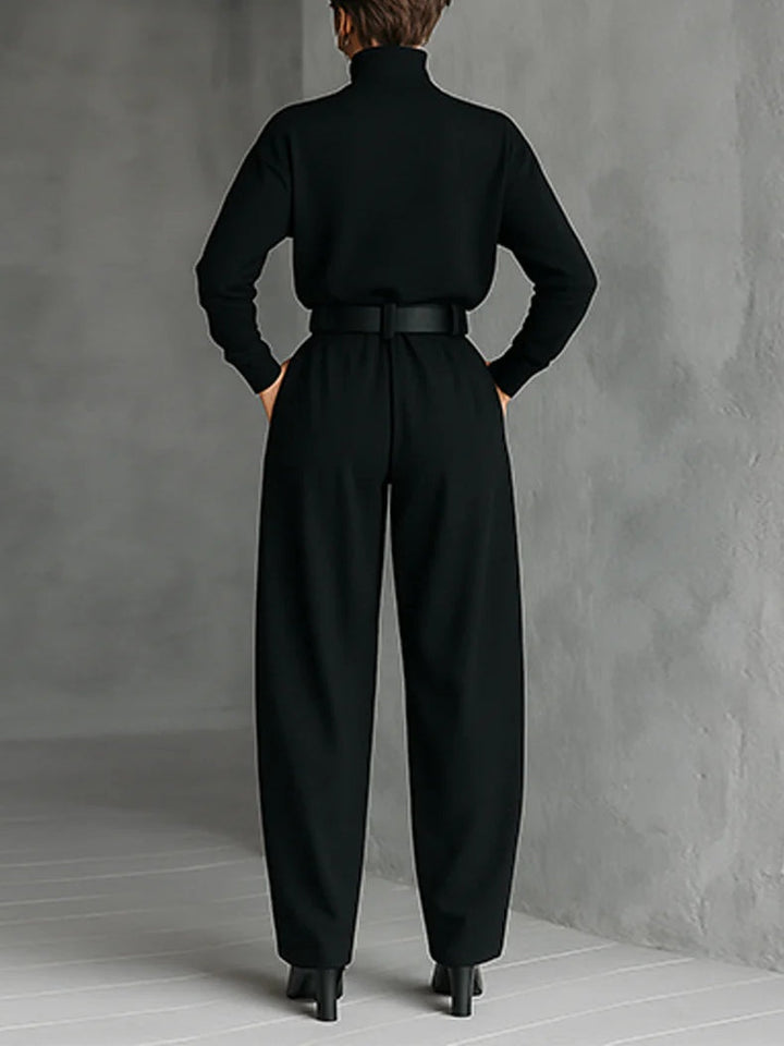 Black long-sleeve sweater with high collar and straight pants - 2-piece set