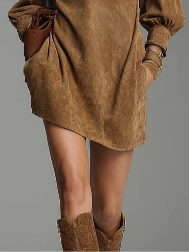 Brown Suede Mini Dress with Zip and High Collar