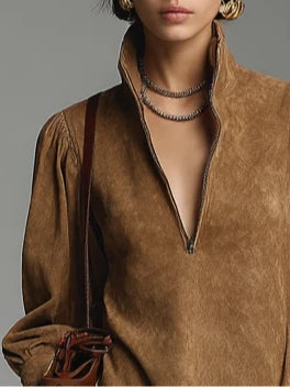 Brown Suede Mini Dress with Zip and High Collar