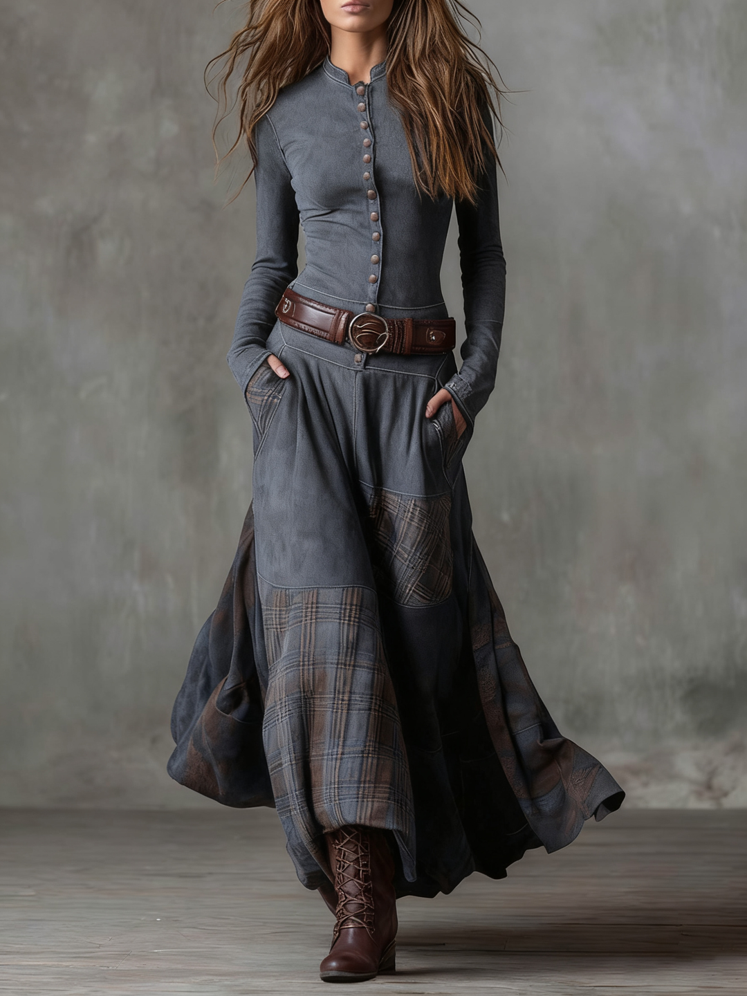 Helena | Granatowa zamszowa sukienka maxi z paskiem