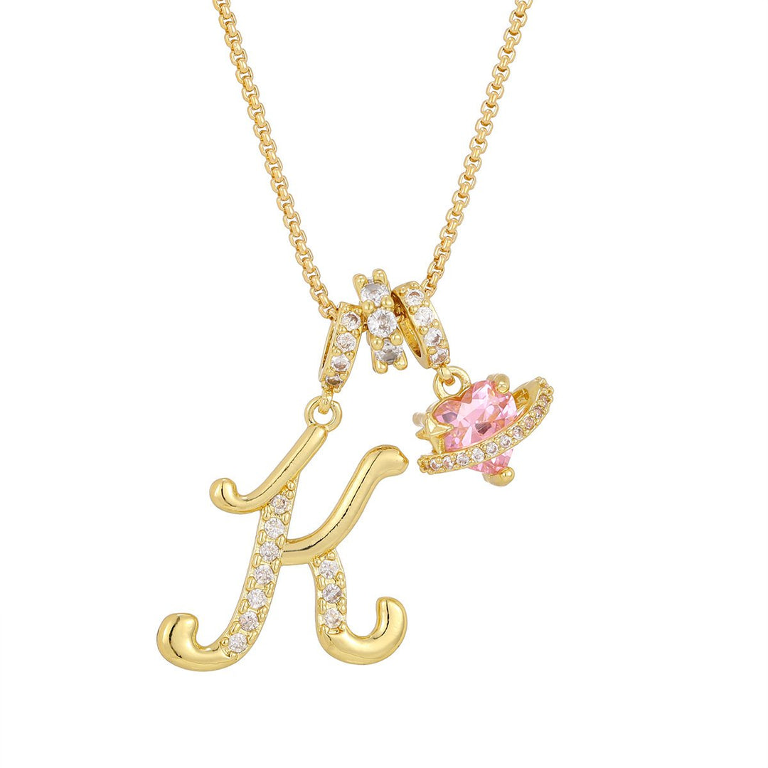 Necklace with Initial and Pink Heart Pendant