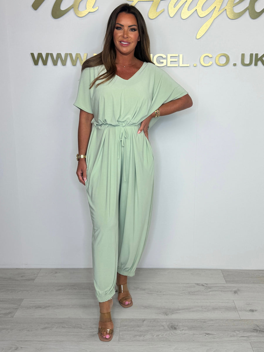 Cotton Jumpsuit with V-Neck and Tie