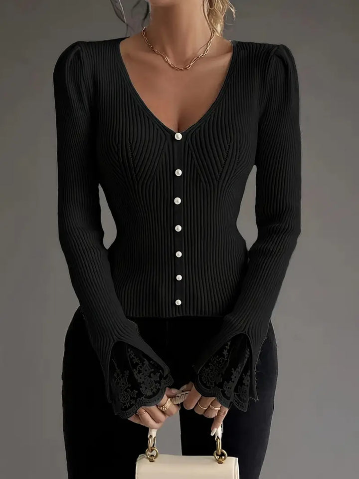 Ribbed Sweater with V-Neck and Lace Sleeves