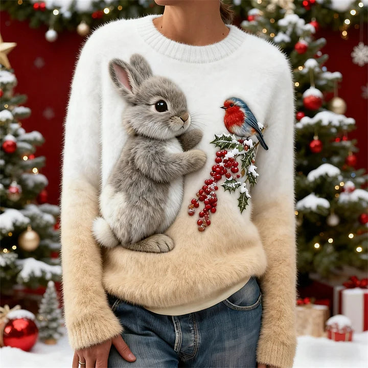 Suzette | Cute Winter Sweater with a Rabbit and a Robin