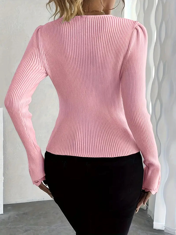 Ribbed Sweater with V-Neck and Lace Sleeves
