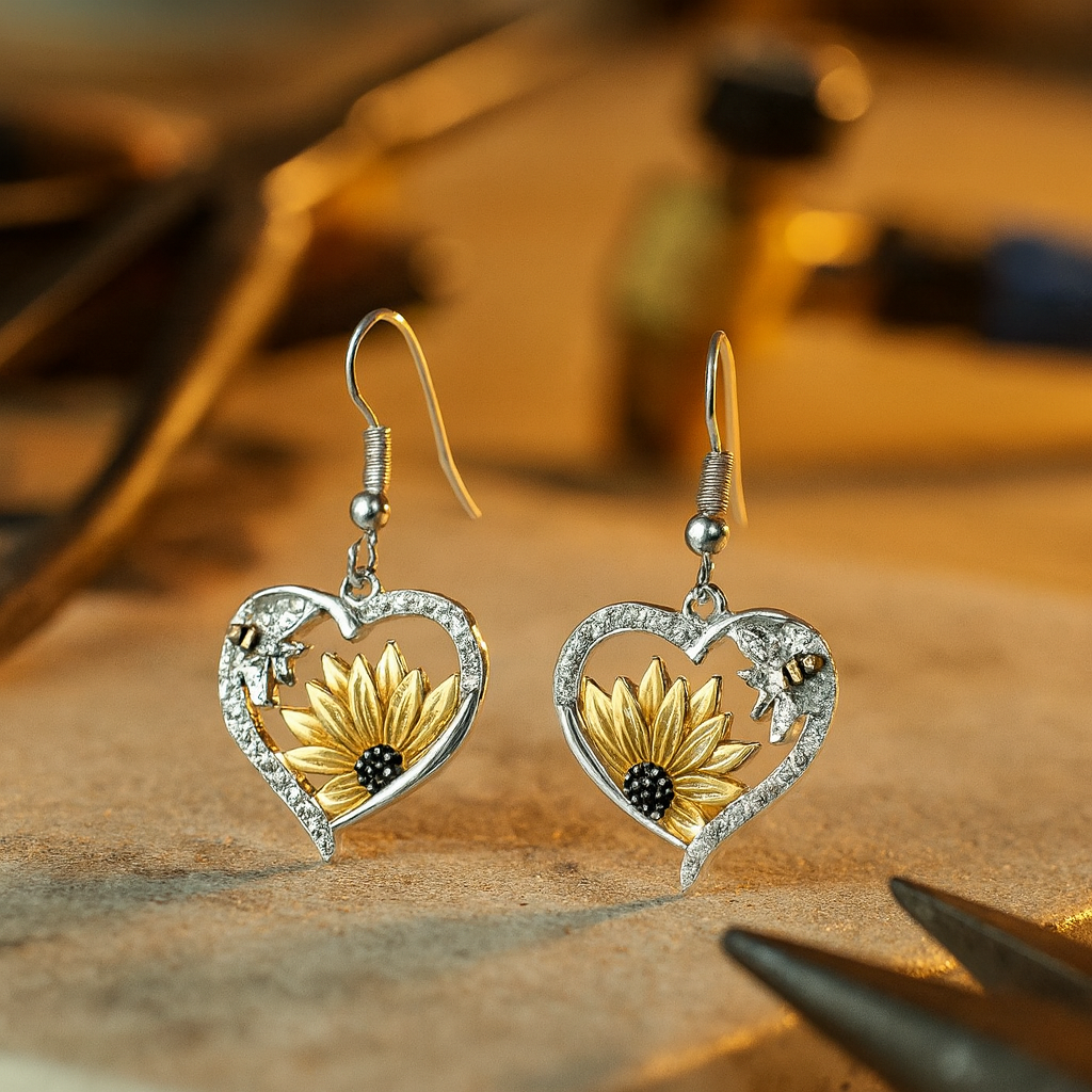 Vintage Boho dangling earrings with sunflower and heart with bee