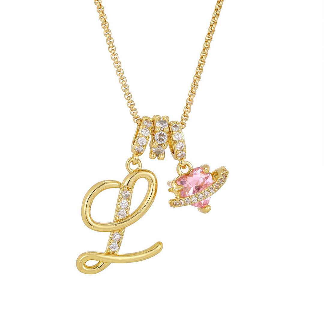 Necklace with Initial and Pink Heart Pendant