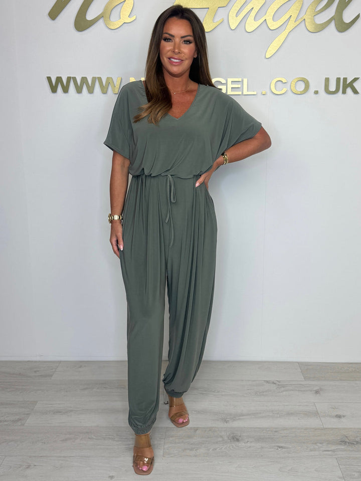 Cotton Jumpsuit with V-Neck and Tie