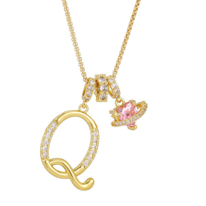 Necklace with Initial and Pink Heart Pendant