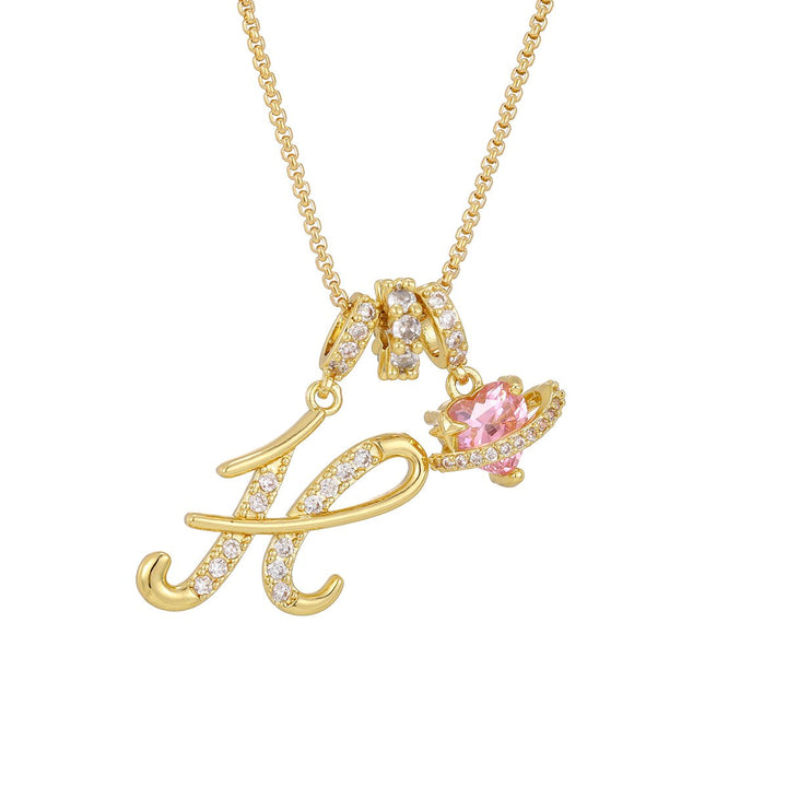 Necklace with Initial and Pink Heart Pendant