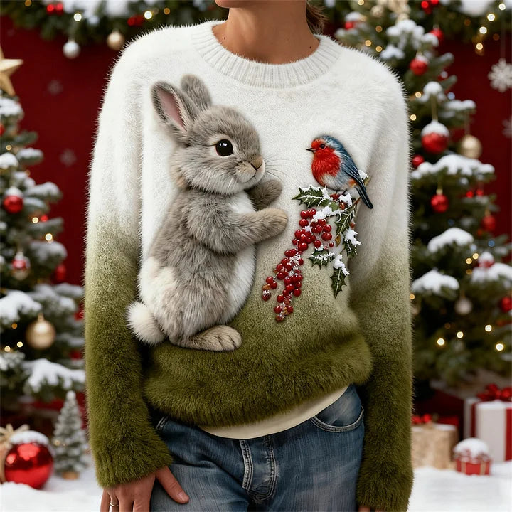 Suzette | Cute Winter Sweater with a Rabbit and a Robin
