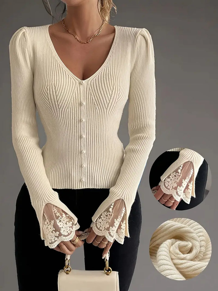 Ribbed Sweater with V-Neck and Lace Sleeves