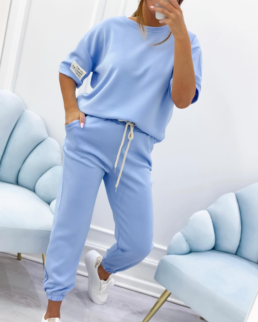 Women's casual set with a solid top and pants