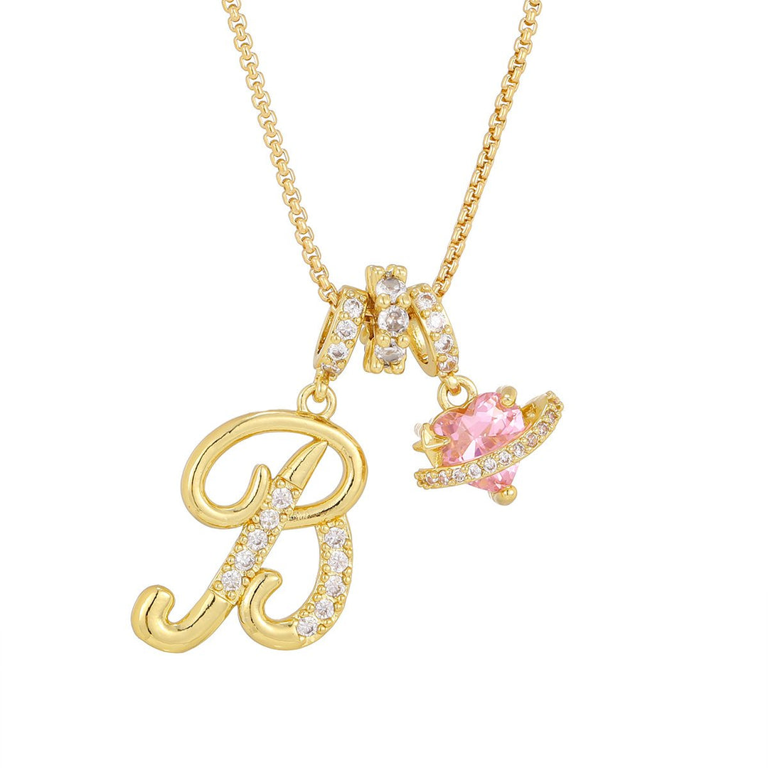 Necklace with Initial and Pink Heart Pendant