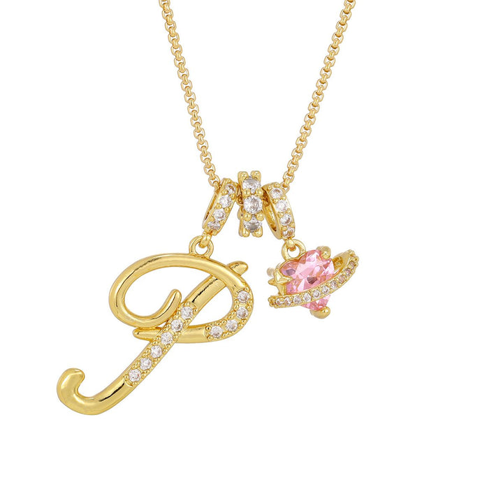 Necklace with Initial and Pink Heart Pendant
