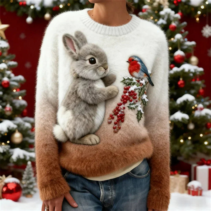 Suzette | Cute Winter Sweater with a Rabbit and a Robin