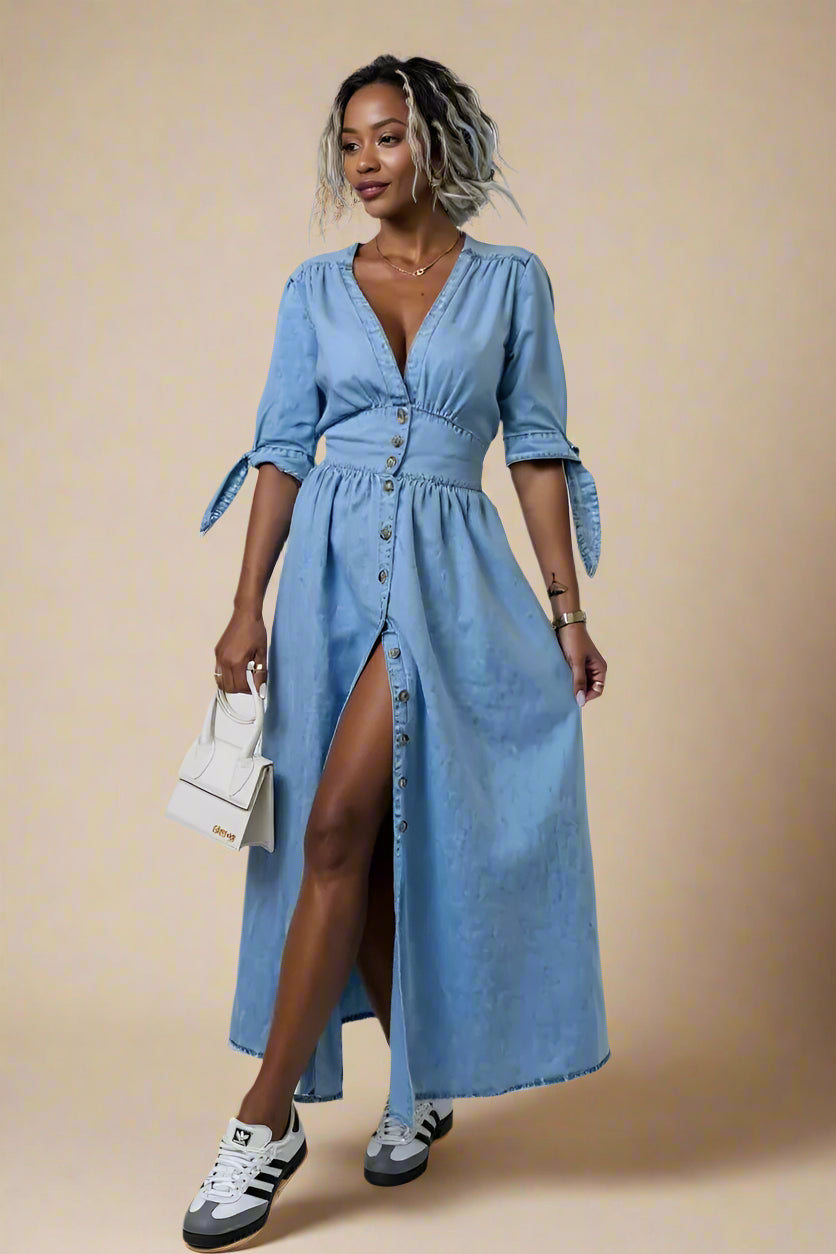 Celina Dress | Long denim dress with buttons and a defined waist