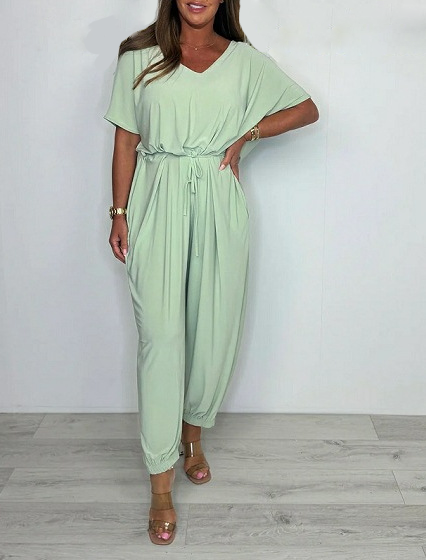 Cotton Jumpsuit with V-Neck and Ties