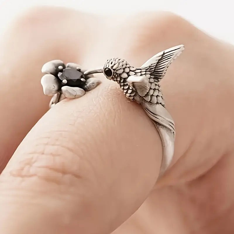 Hummingbird and Flower Ring – Adjustable Ring with Open Bird for Women