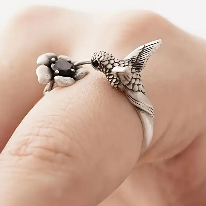 Hummingbird and Flower Ring – Adjustable Ring with Open Bird for Women
