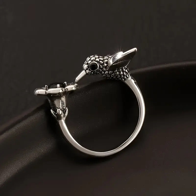 Hummingbird and Flower Ring – Adjustable Ring with Open Bird for Women