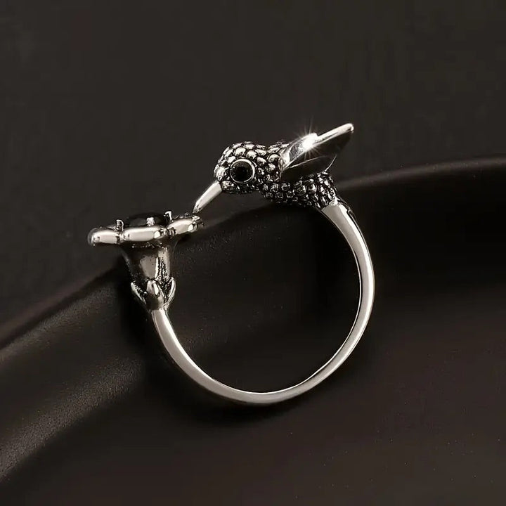 Hummingbird and Flower Ring – Adjustable Ring with Open Bird for Women
