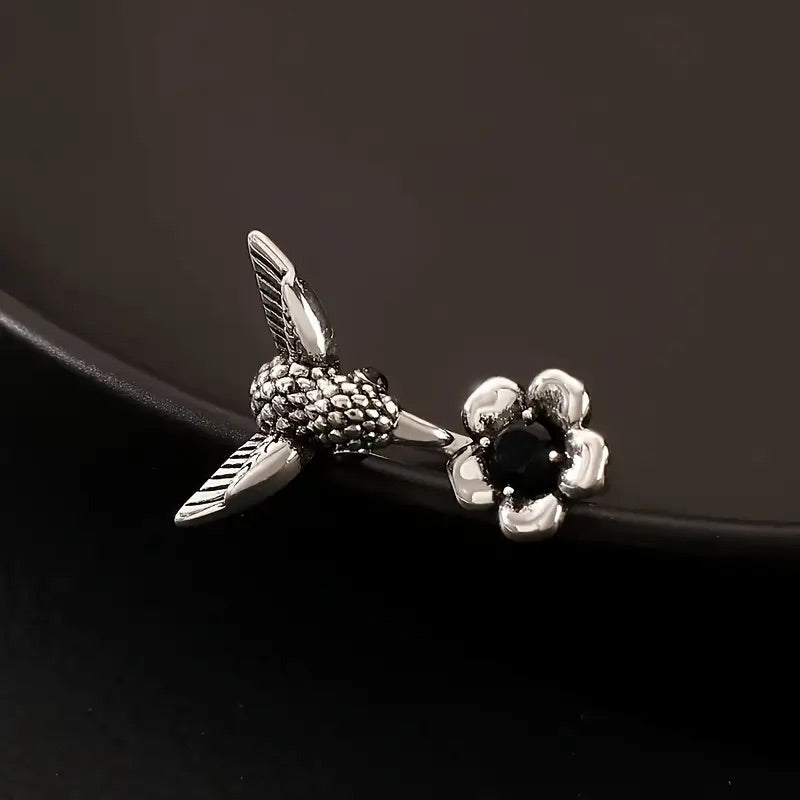 Hummingbird and Flower Ring – Adjustable Ring with Open Bird for Women