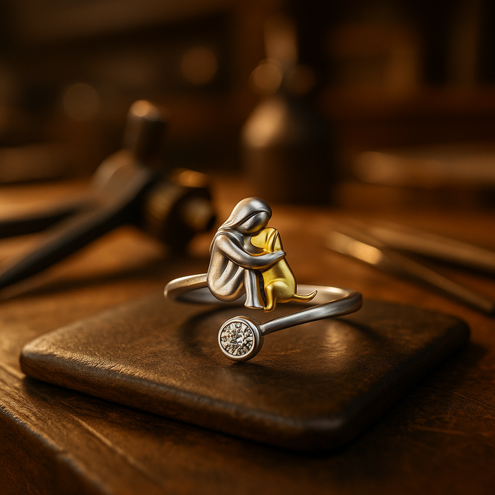 Silver ring with a dog and cubic zirconia stones