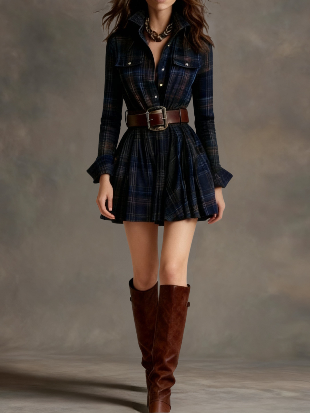 Vintage plaid mini dress with a defined waist - belt included