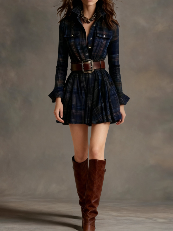 Vintage plaid mini dress with a defined waist - belt included