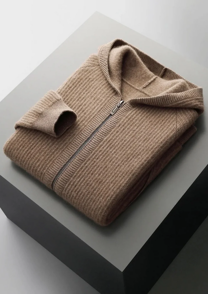 Pure Merino Wool Ribbed Full-Zip Hoodie