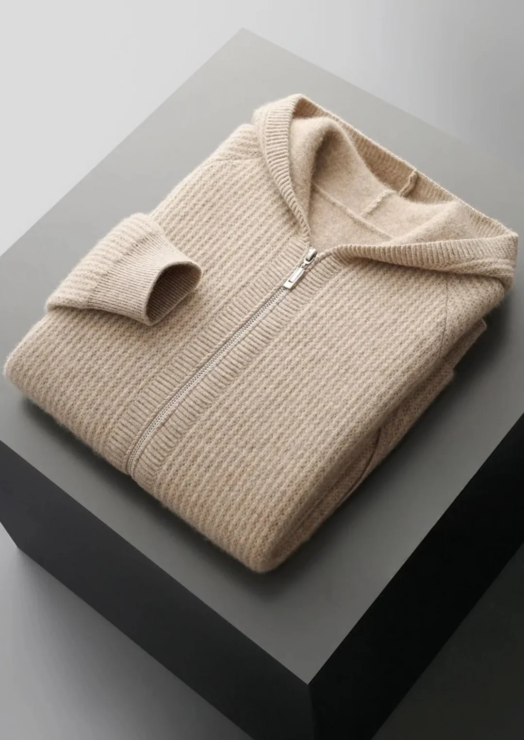 Pure Merino Wool Ribbed Full-Zip Hoodie