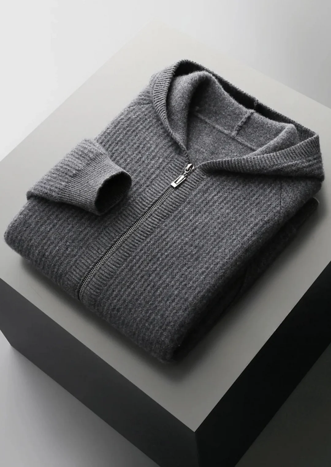 Pure Merino Wool Ribbed Full-Zip Hoodie