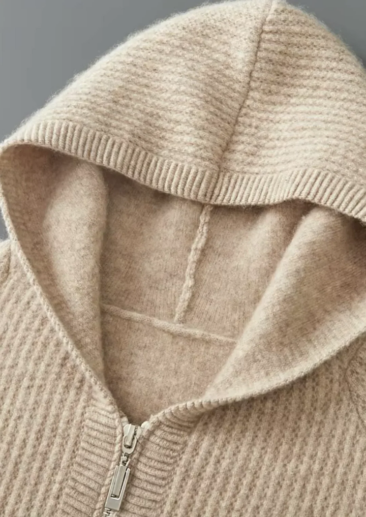 Pure Merino Wool Ribbed Full-Zip Hoodie
