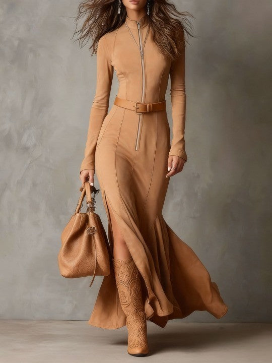 Brown Maxi Dress with Vintage Zip