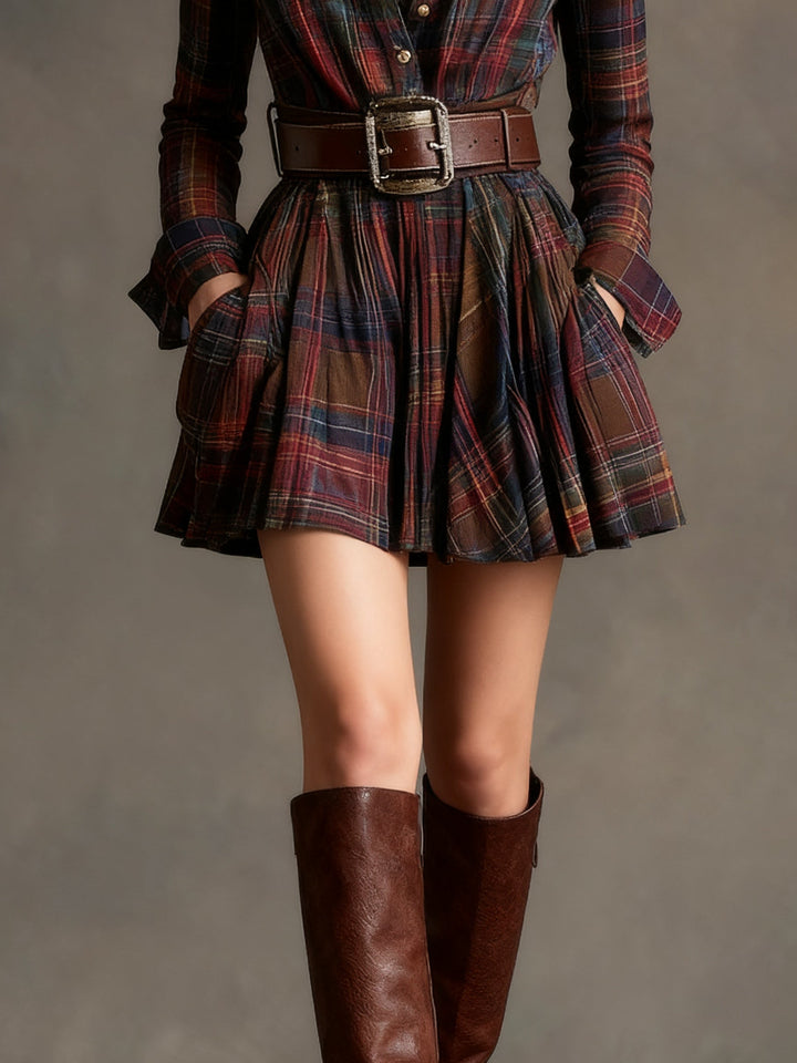 Vintage plaid mini dress with a defined waist - belt included