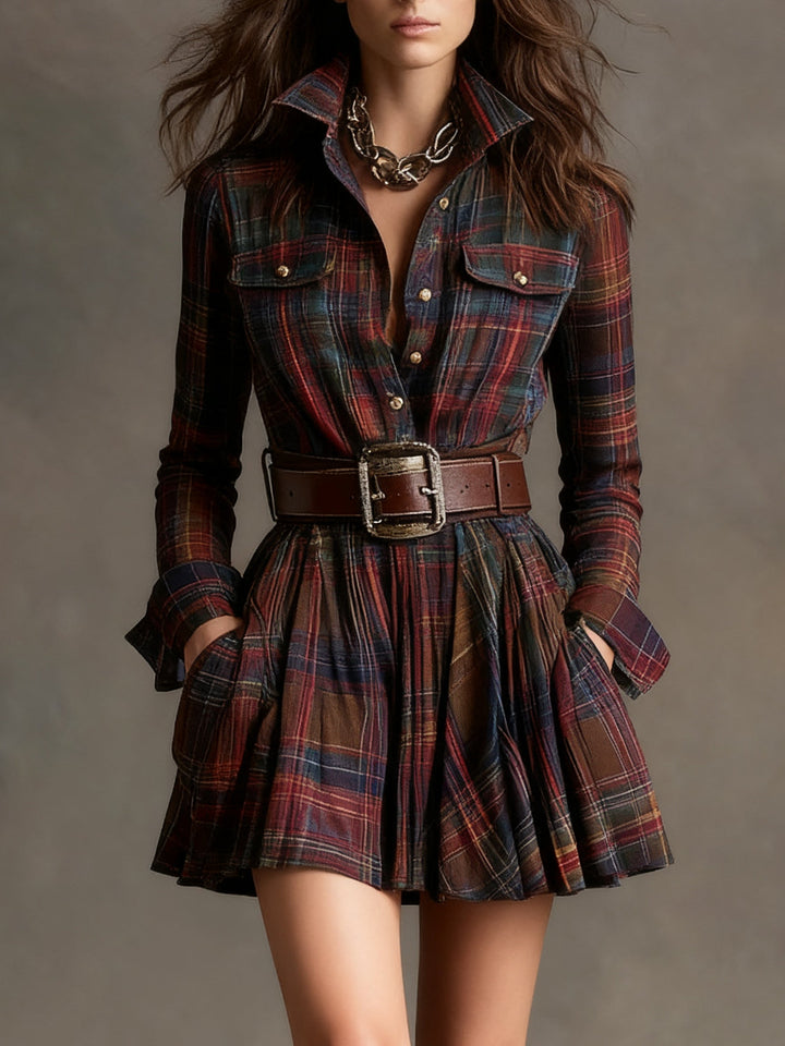 Vintage plaid mini dress with a defined waist - belt included