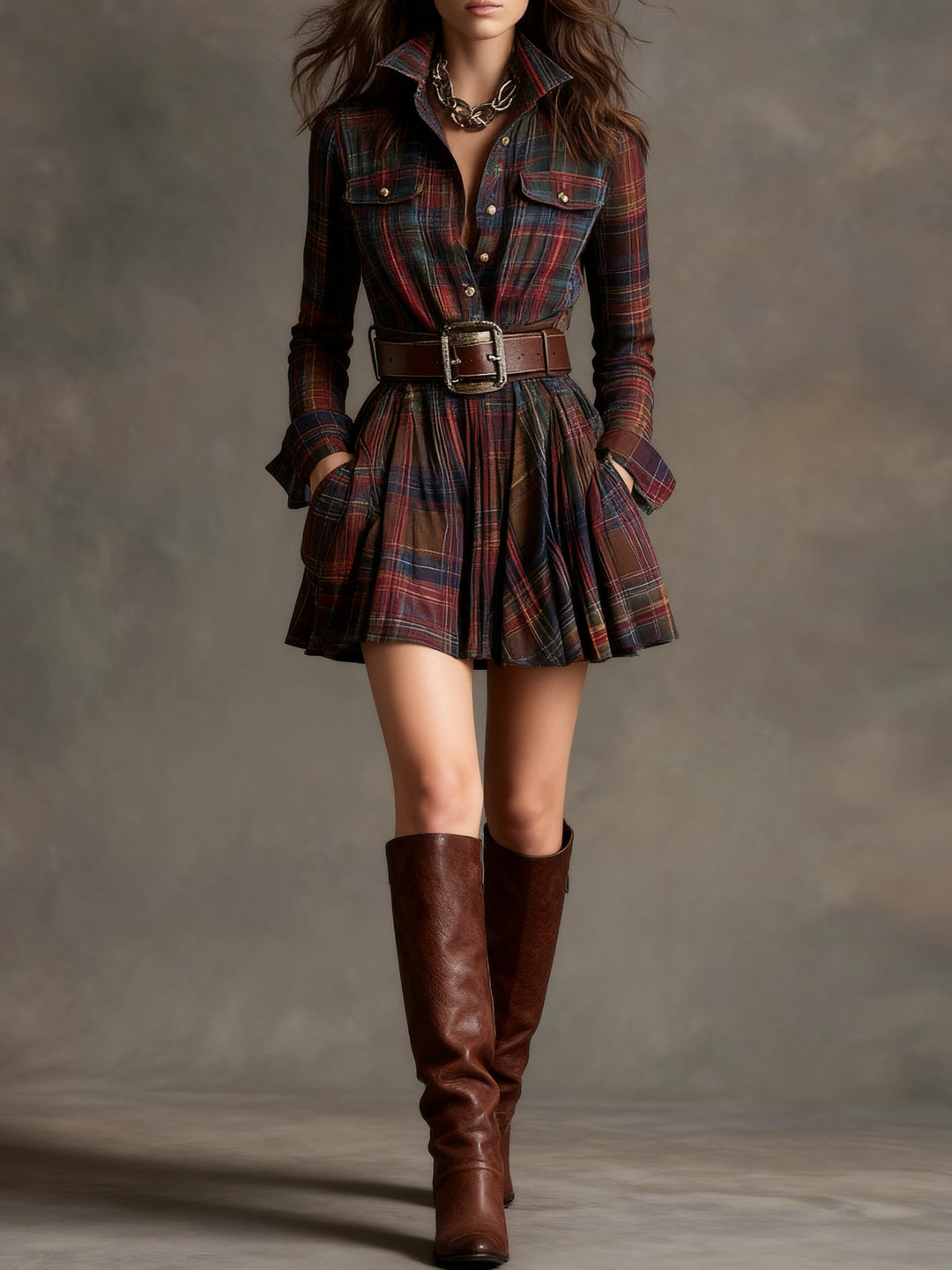 Vintage plaid mini dress with a defined waist - belt included