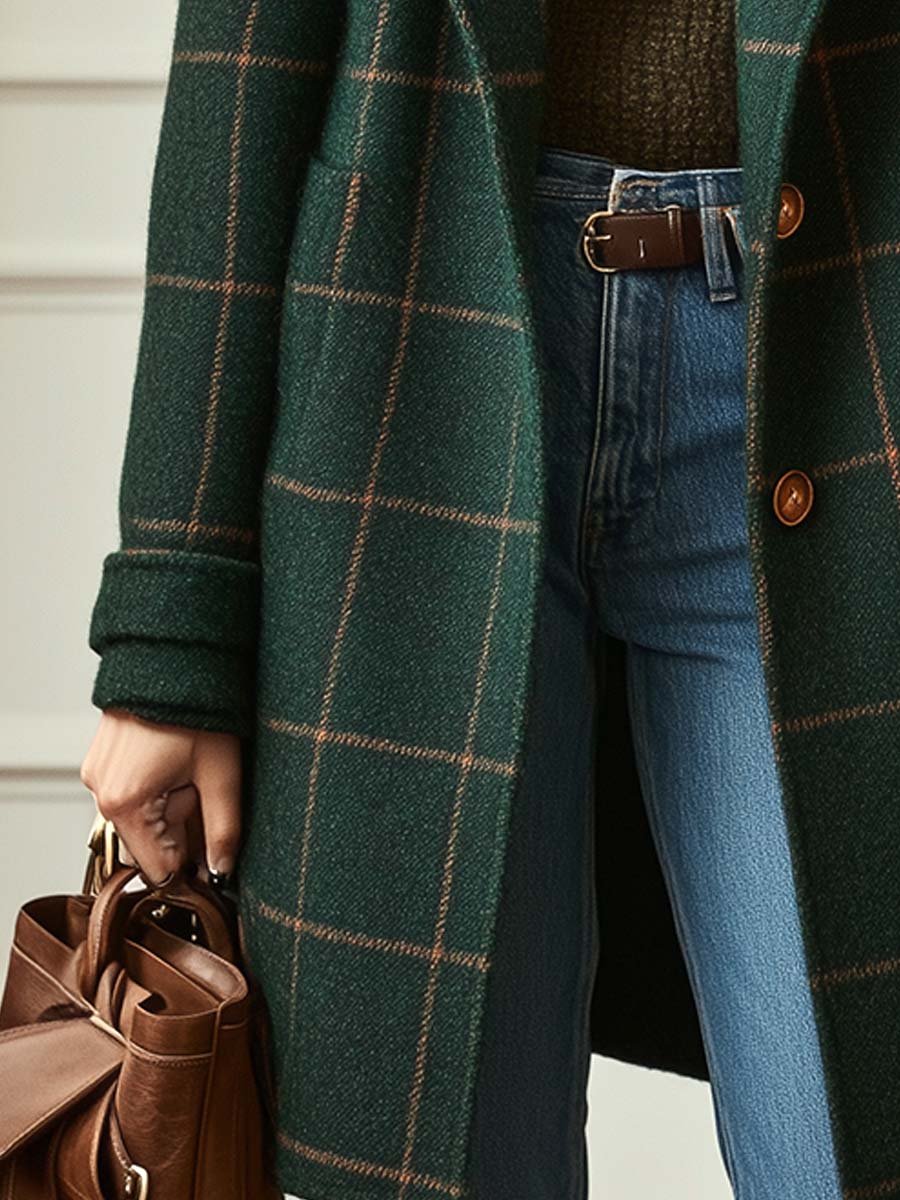 Tweed check coat with retro lapels