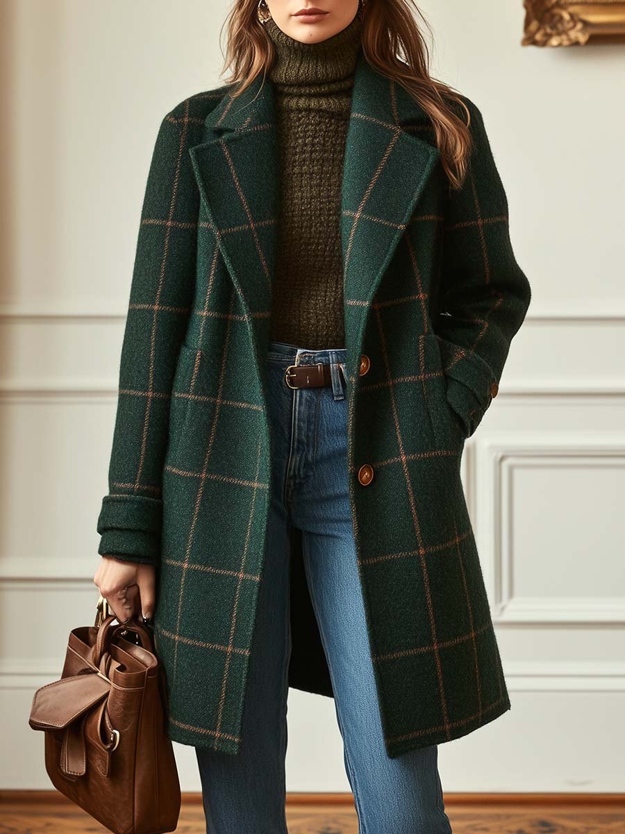 Manteau en Tweed à Carreaux avec Revers Rétro pour Femmes