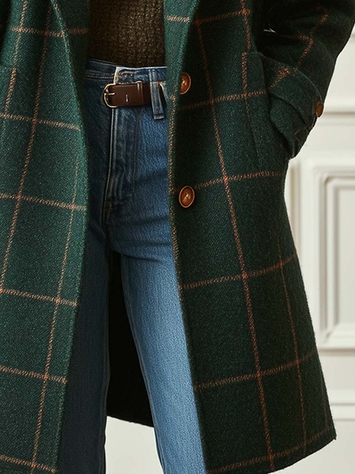 Manteau en Tweed à Carreaux avec Revers Rétro pour Femmes