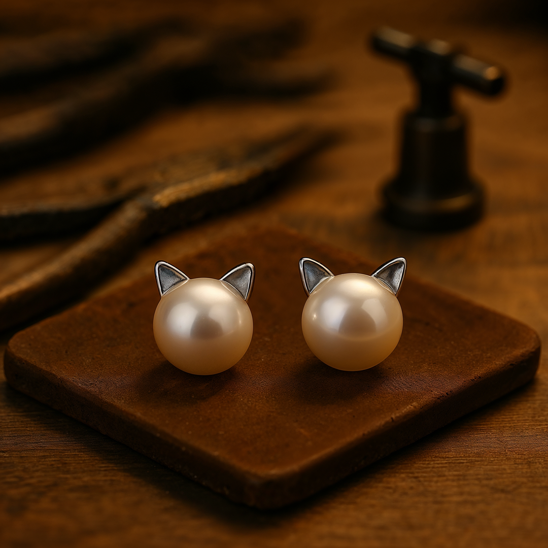 Silver button earrings with a cat-shaped pearl