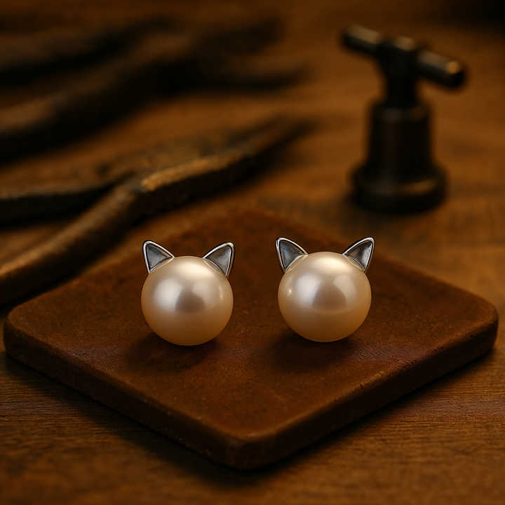 Silver button earrings with a cat-shaped pearl