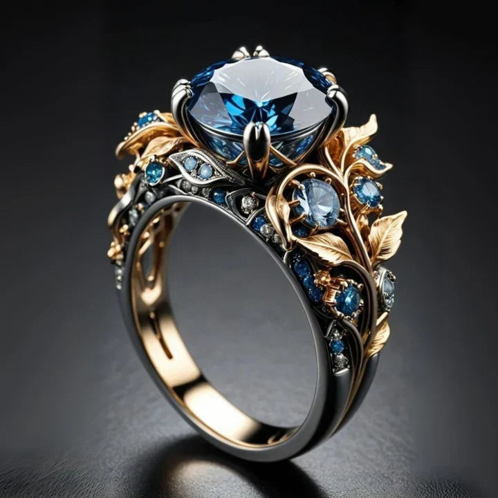Exotic ring with a blue flower-shaped crystal