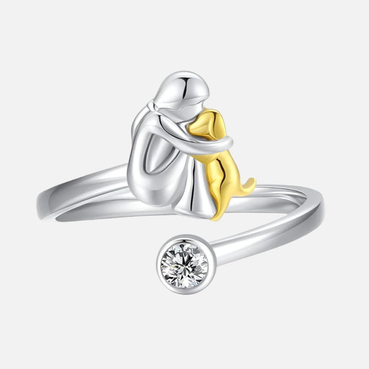 Silver ring with a dog and cubic zirconia stones
