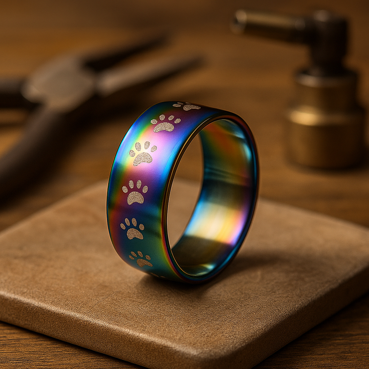 Rainbow handmade stainless steel paw print ring