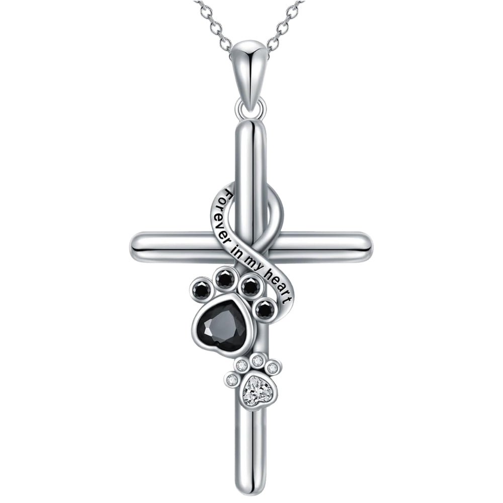 Silver paw and cross pendant necklace